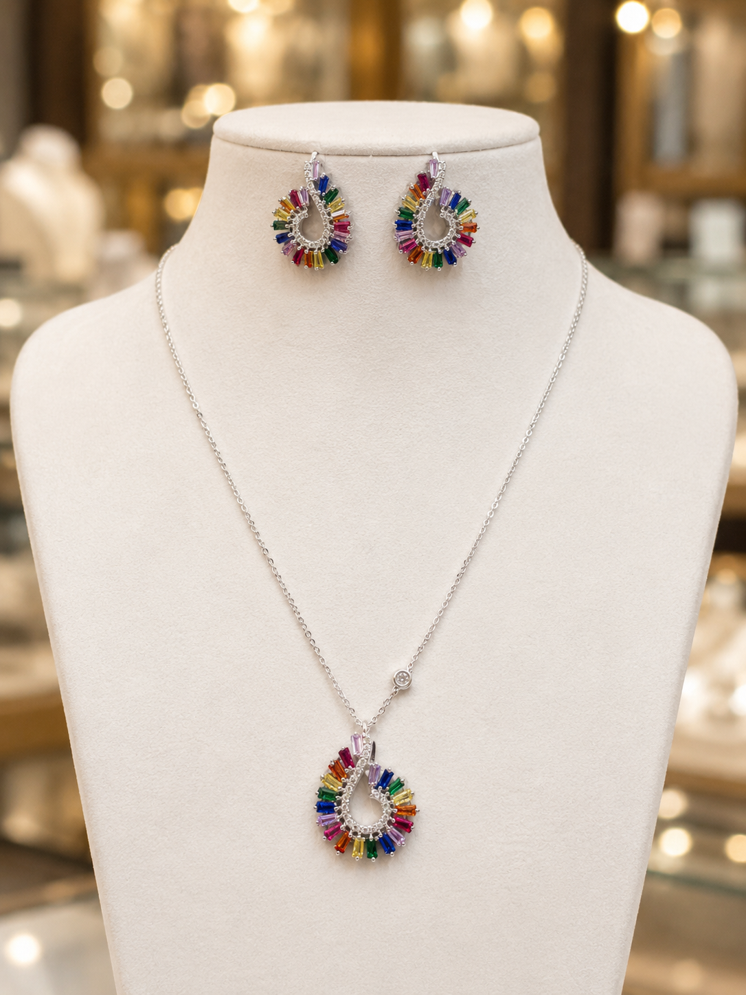 Silver Rainbow Arc Pendant & Earrings Set