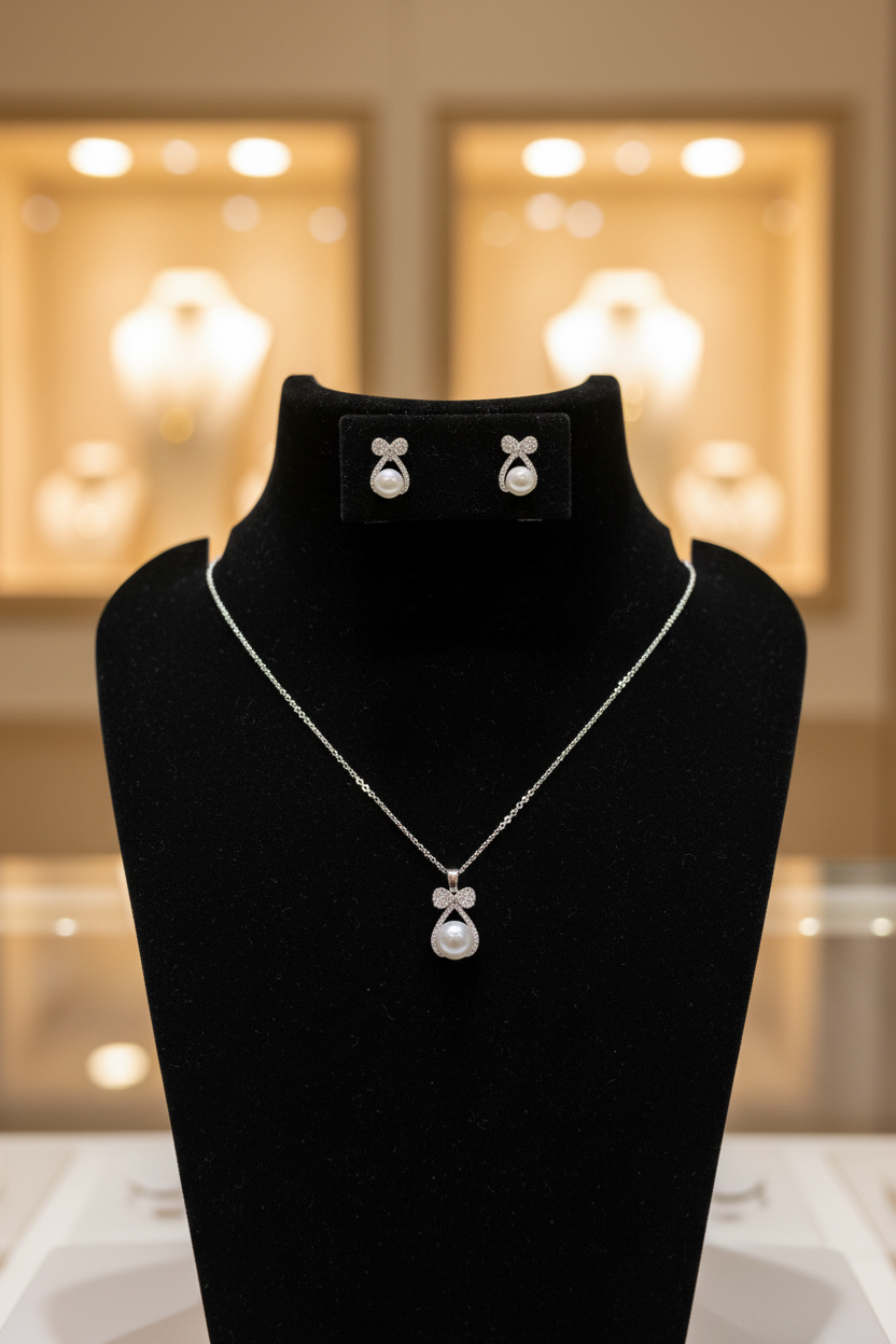Silver Pearl Bow Necklace Set