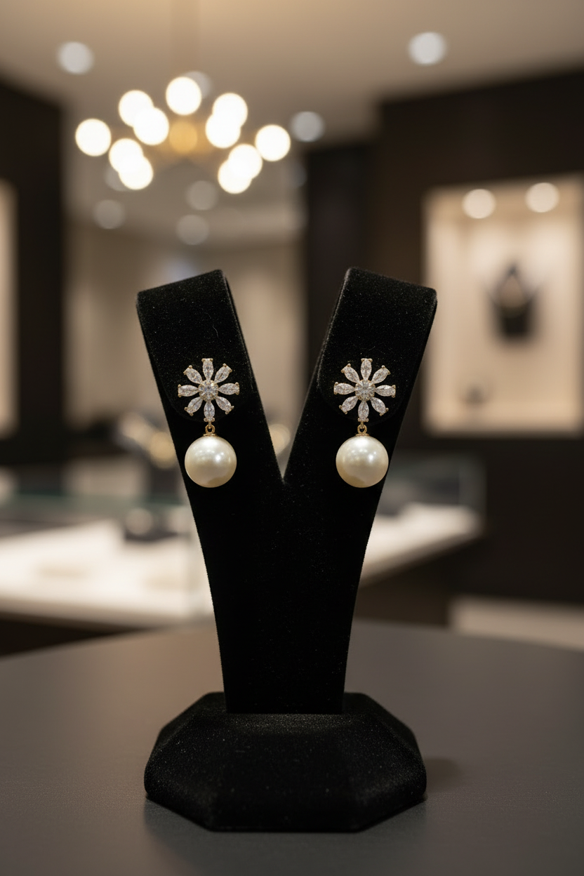 Gold Diamond Floral Pearl Drop Earrings