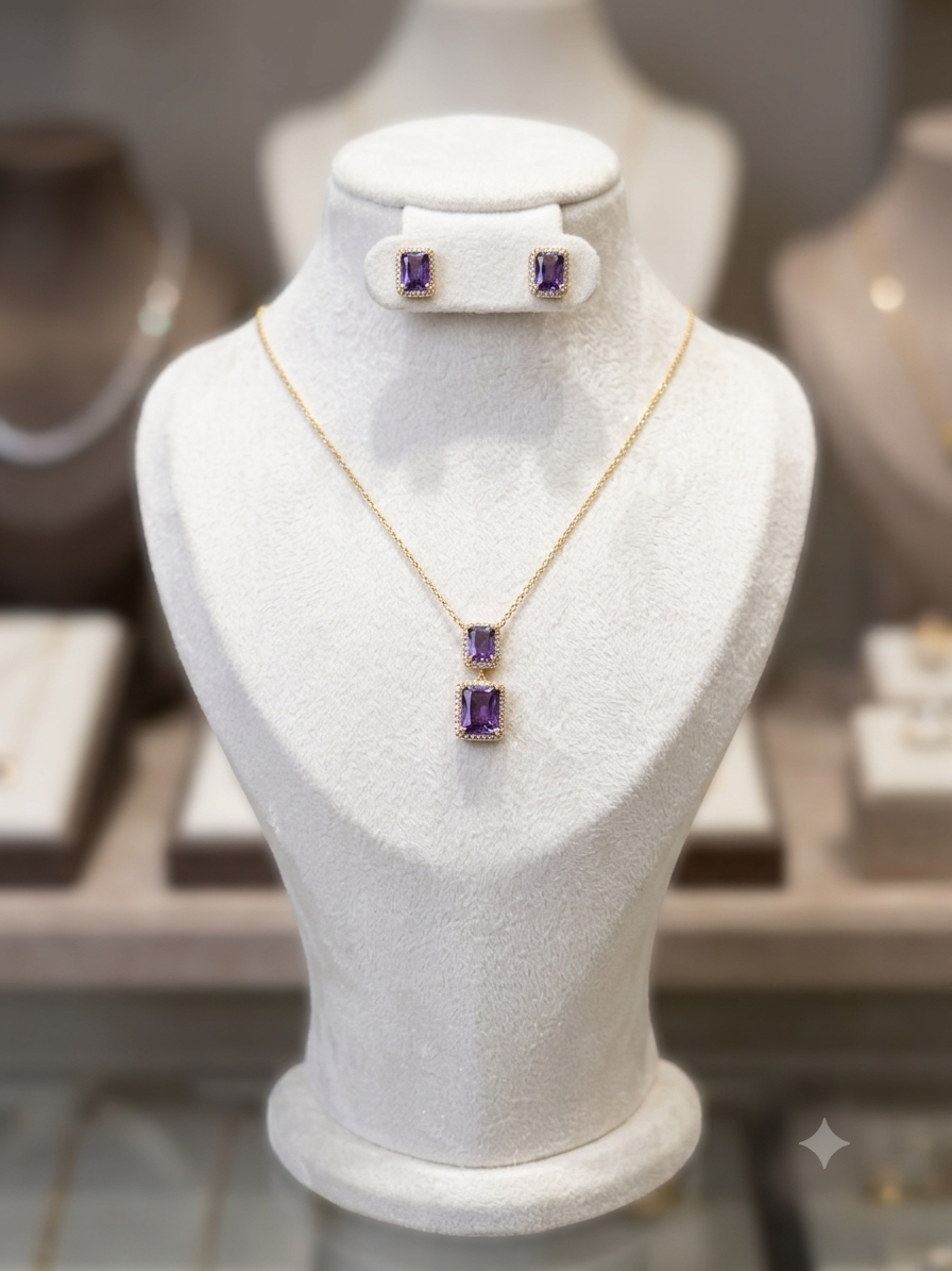 Gold Lavender Gemstone Necklace and Studs Set