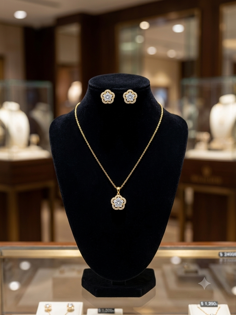 Gold Diamond 5 Petaled Flower Necklace Set