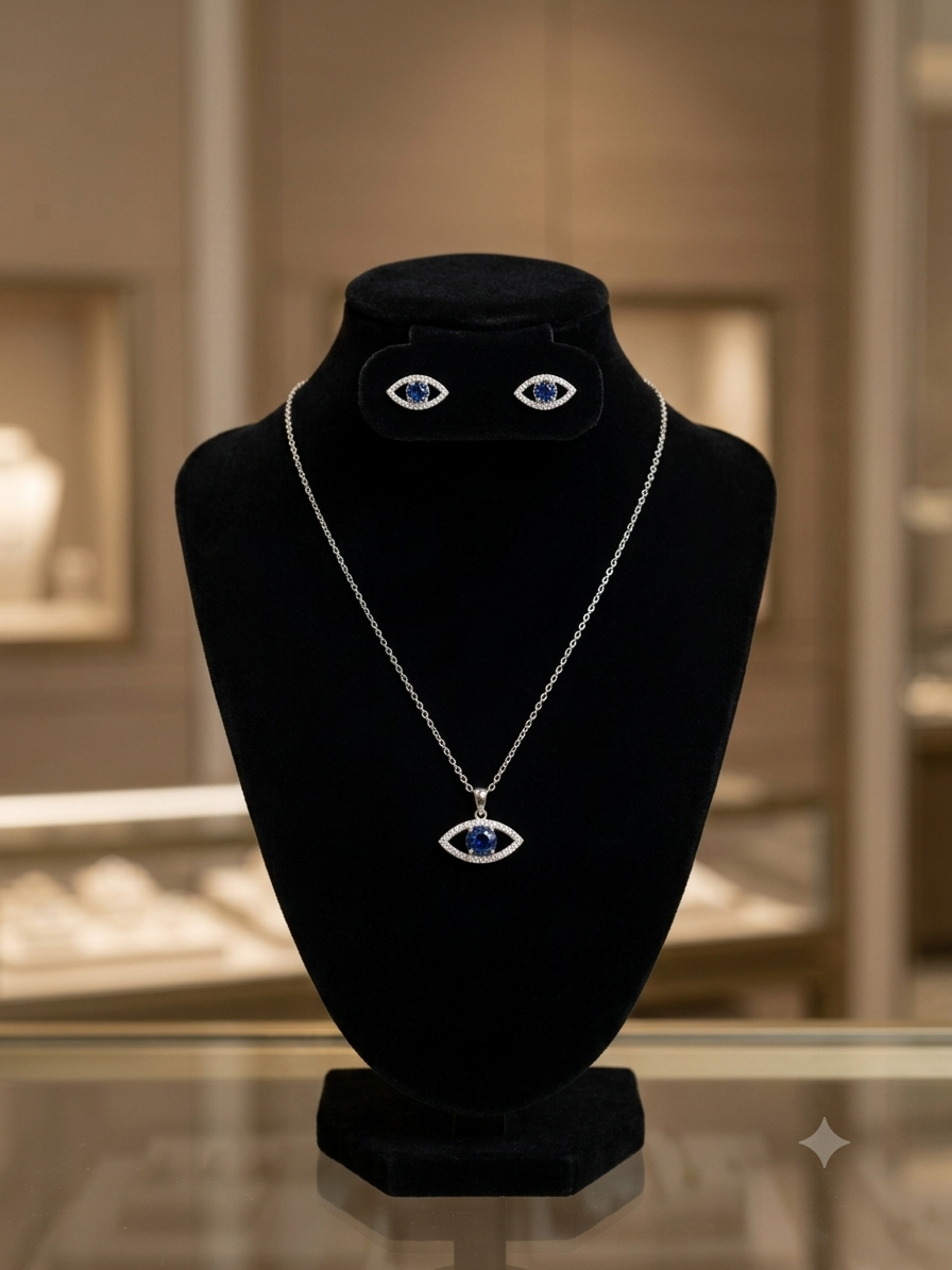 Silver Diamond Evil Eye Necklace Set