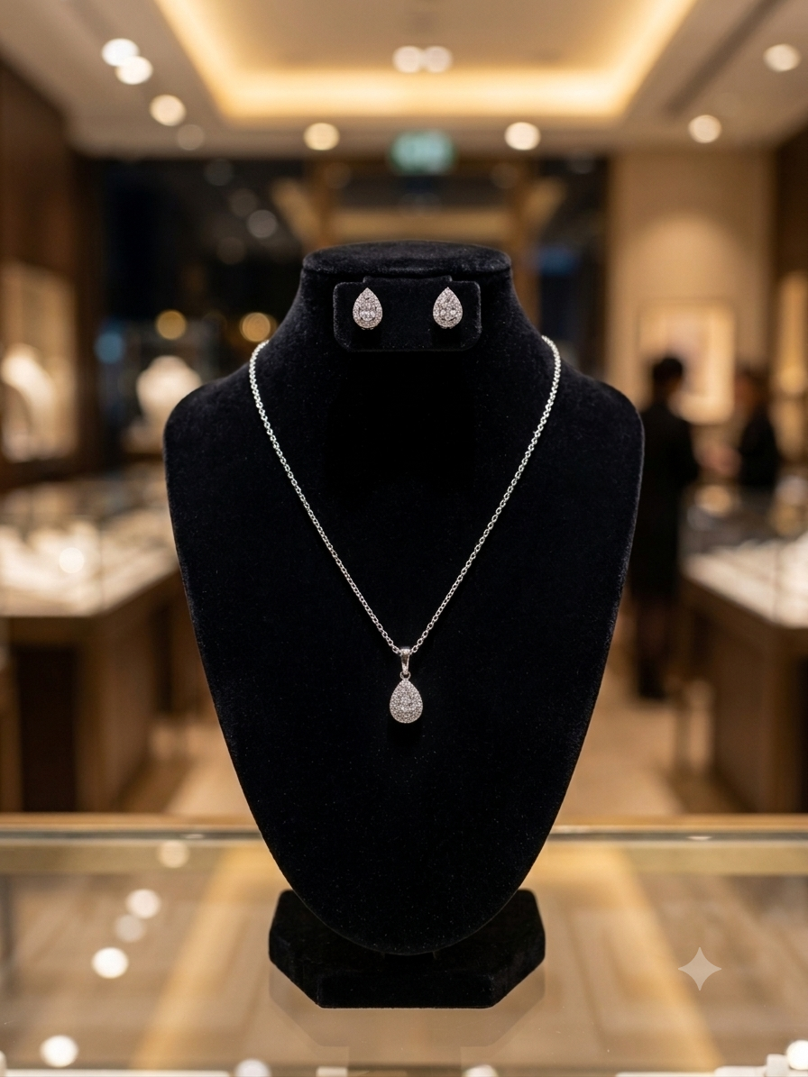 Silver Diamond Pear Leaf Necklace Set