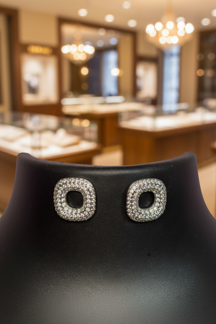 Silver-Tone Rounded Square CZ Stud Earrings