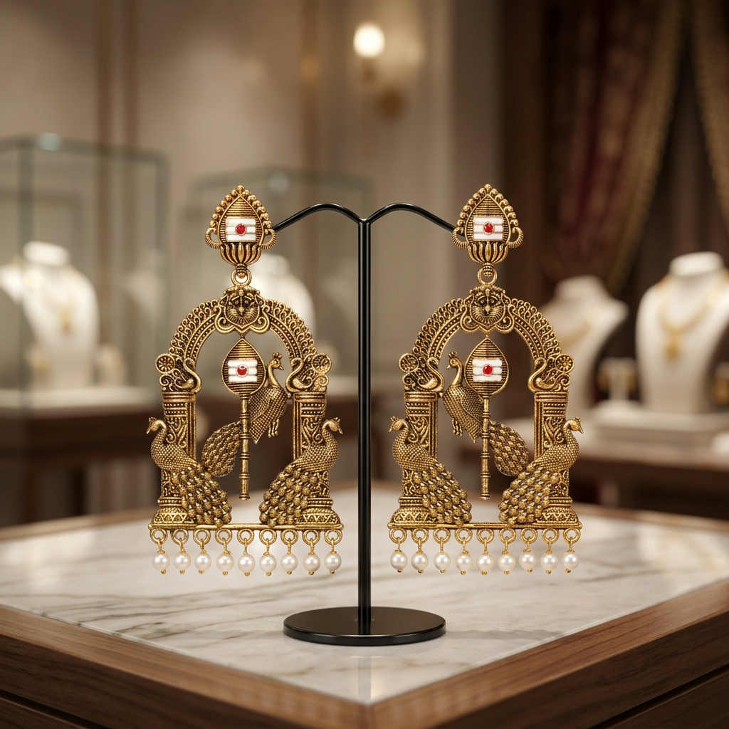 Vel Temple Peacock Earrings