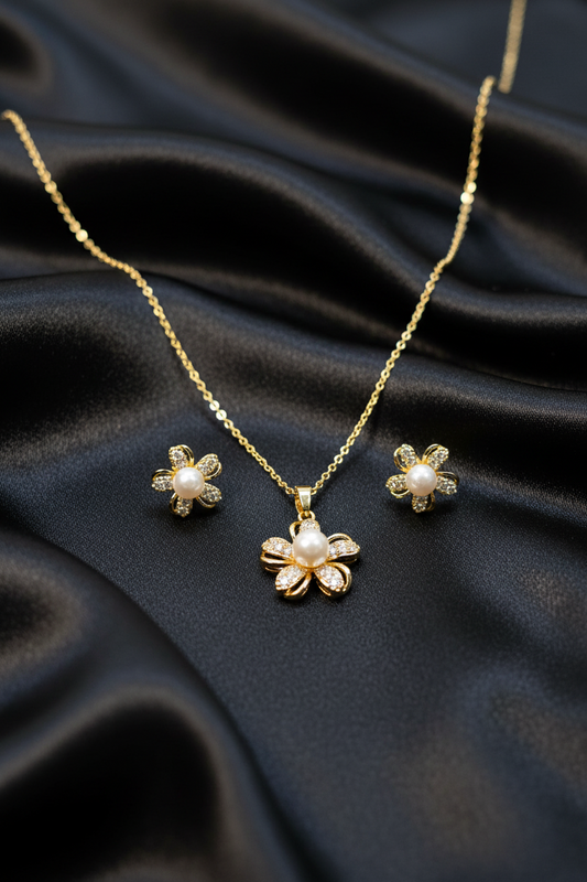 Floral Pearl Pendant & Earrings Set