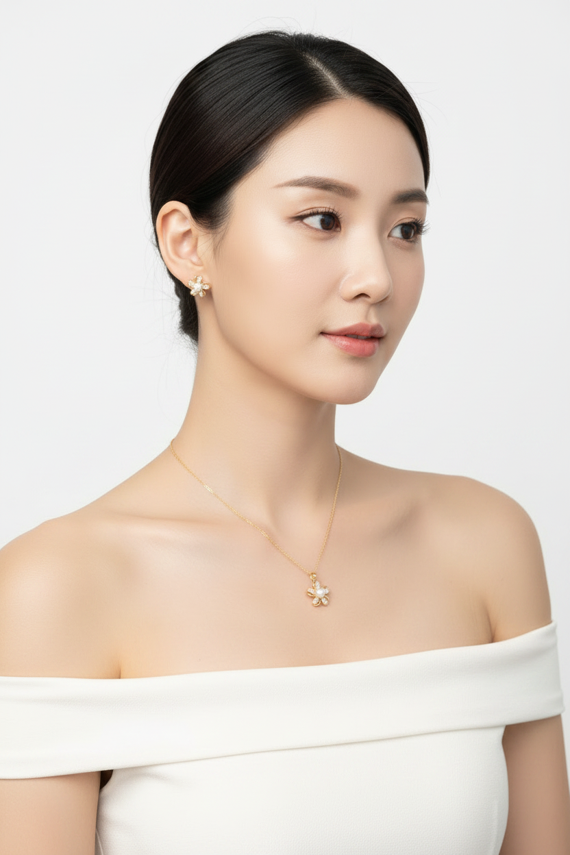 Floral Pearl Pendant & Earrings Set