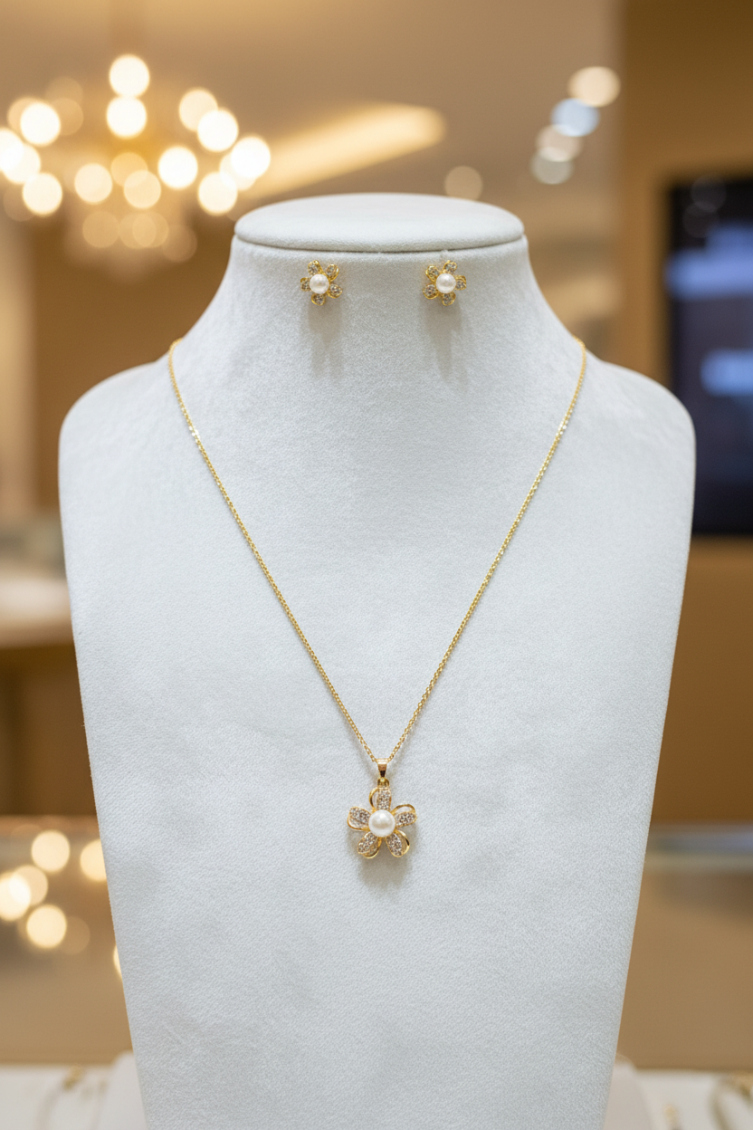 Floral Pearl Pendant & Earrings Set