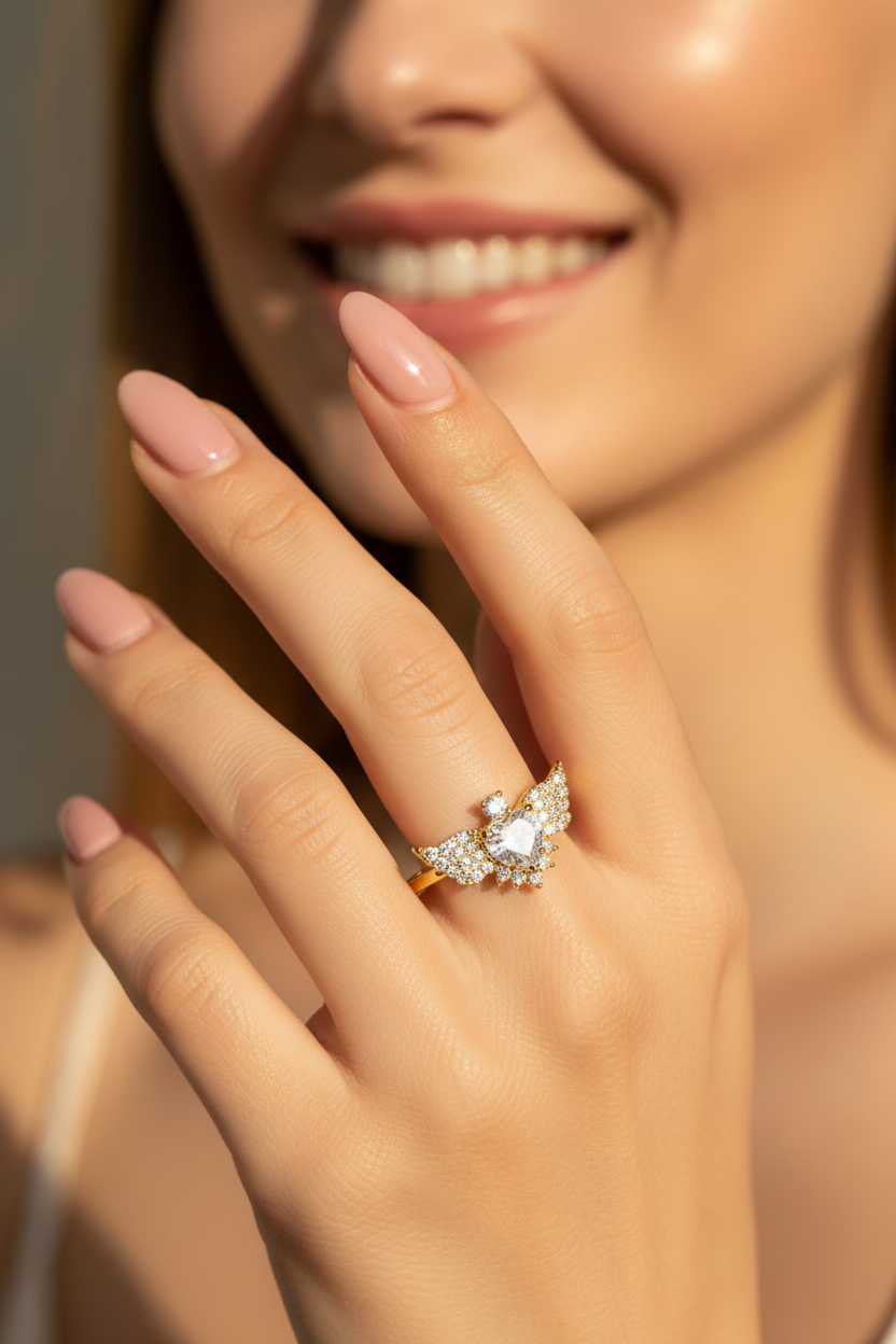 Gold & Diamond Angel Wings Adjustable Ring