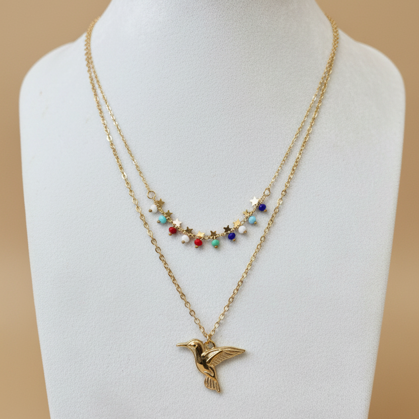 Gold Bird Colorful Layered Chain