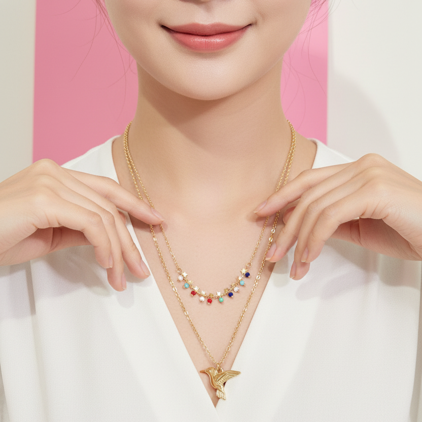 Gold Bird Colorful Layered Chain