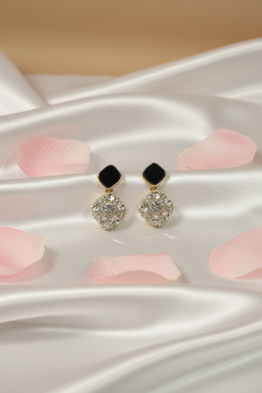 Black Enamel & CZ Cluster Drop Earrings
