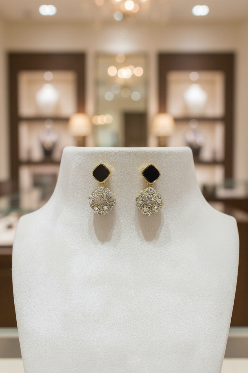 Black Enamel & CZ Cluster Drop Earrings