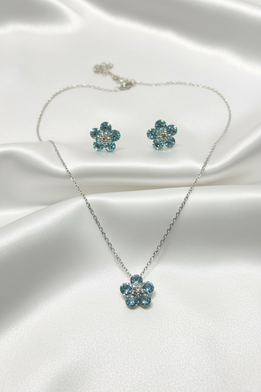 Silver Aqua Blue Pendant & Earrings Set