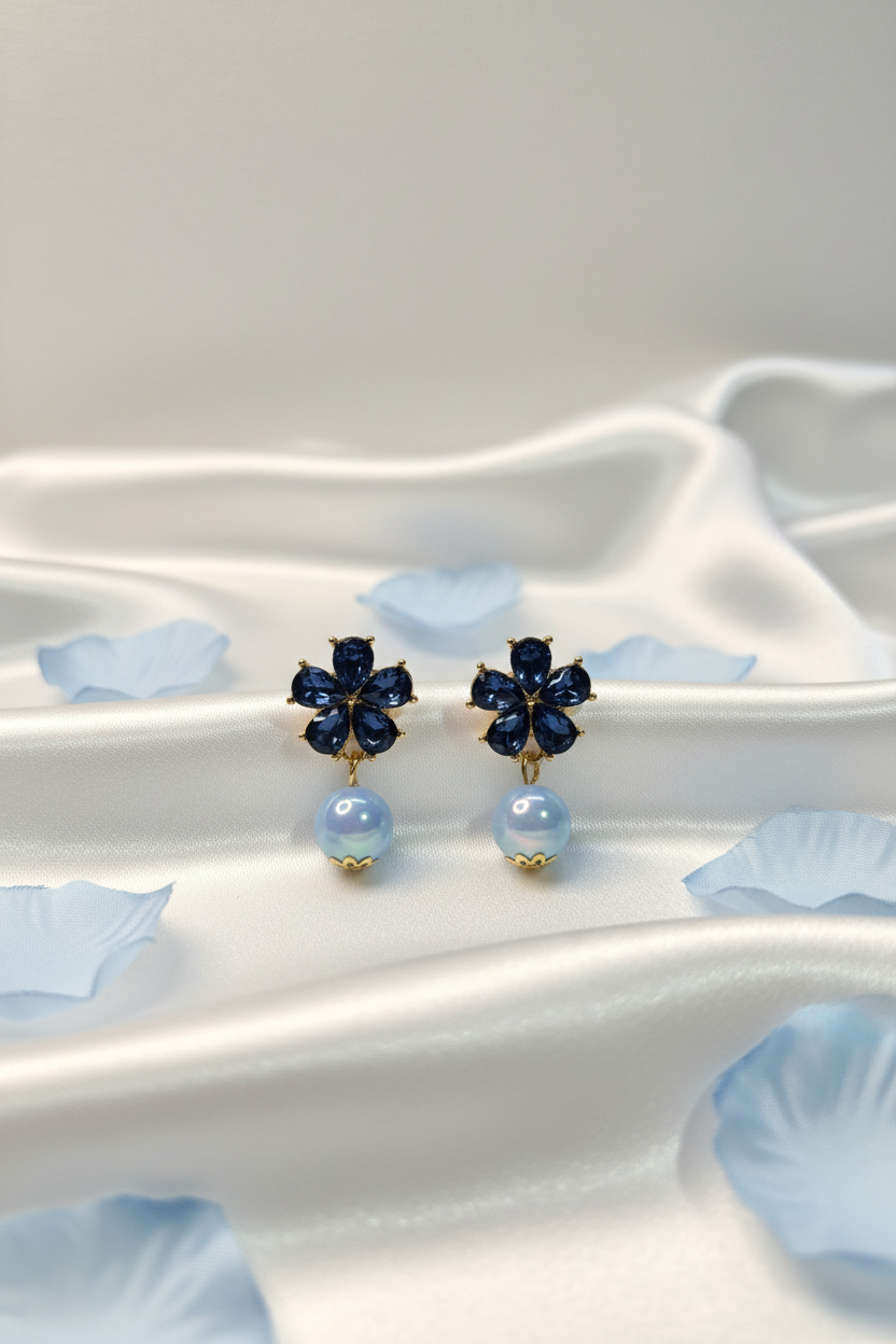 Blue Flower Stone & Pearl Drop Earrings