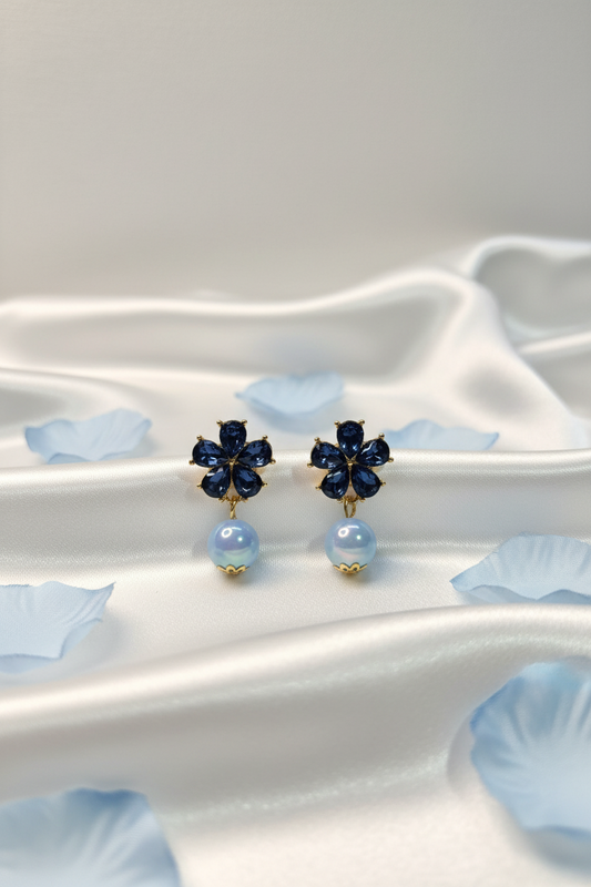 Blue Flower Stone & Pearl Drop Earrings
