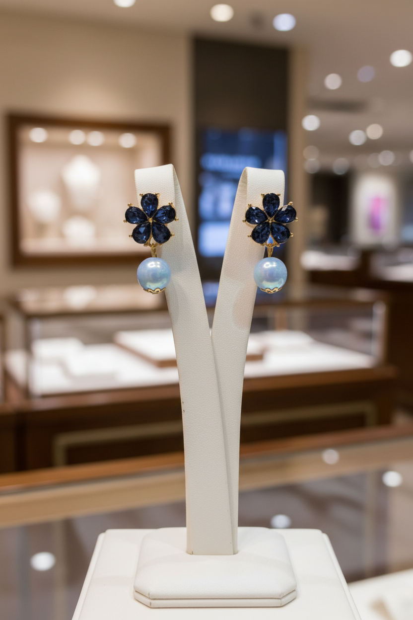 Blue Flower Stone & Pearl Drop Earrings