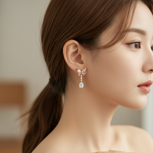 White Stone Rose Gold Butterfly Drop Earrings