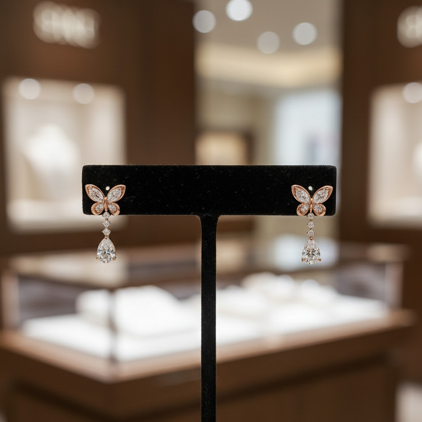 White Stone Rose Gold Butterfly Drop Earrings