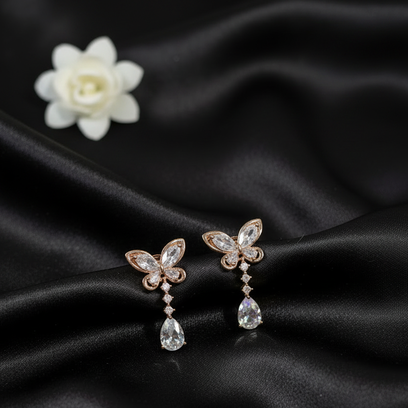 White Stone Rose Gold Butterfly Drop Earrings