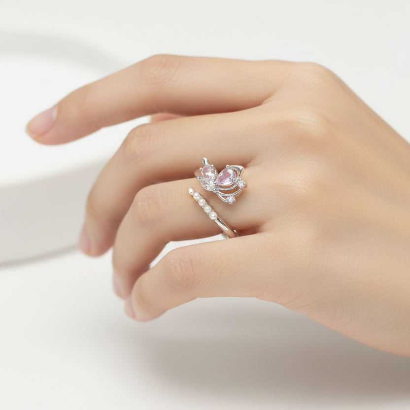 Silver Purple Butterfly Adjustable Ring