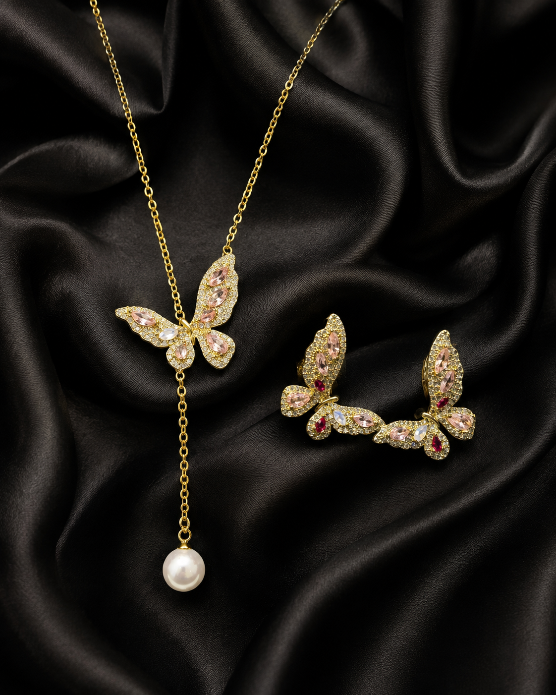 Gold Pinkish Diamond Butterfly Pendant & Earrings Set