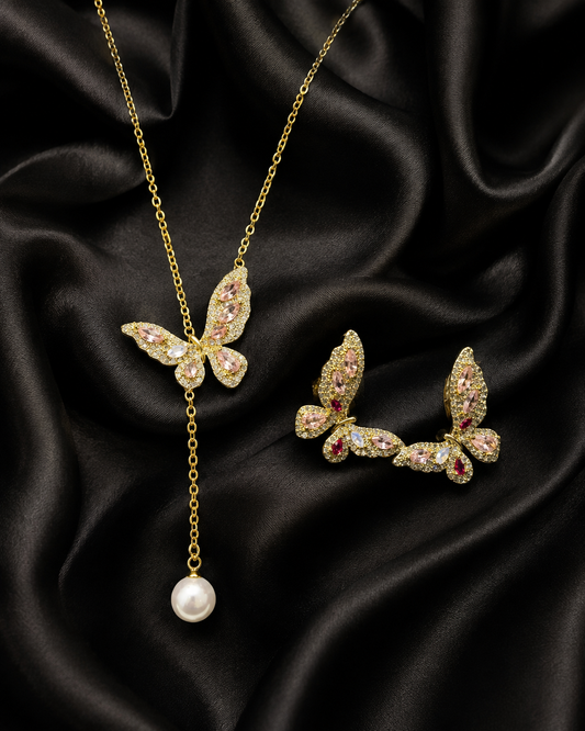 Gold Pinkish Diamond Butterfly Pendant & Earrings Set