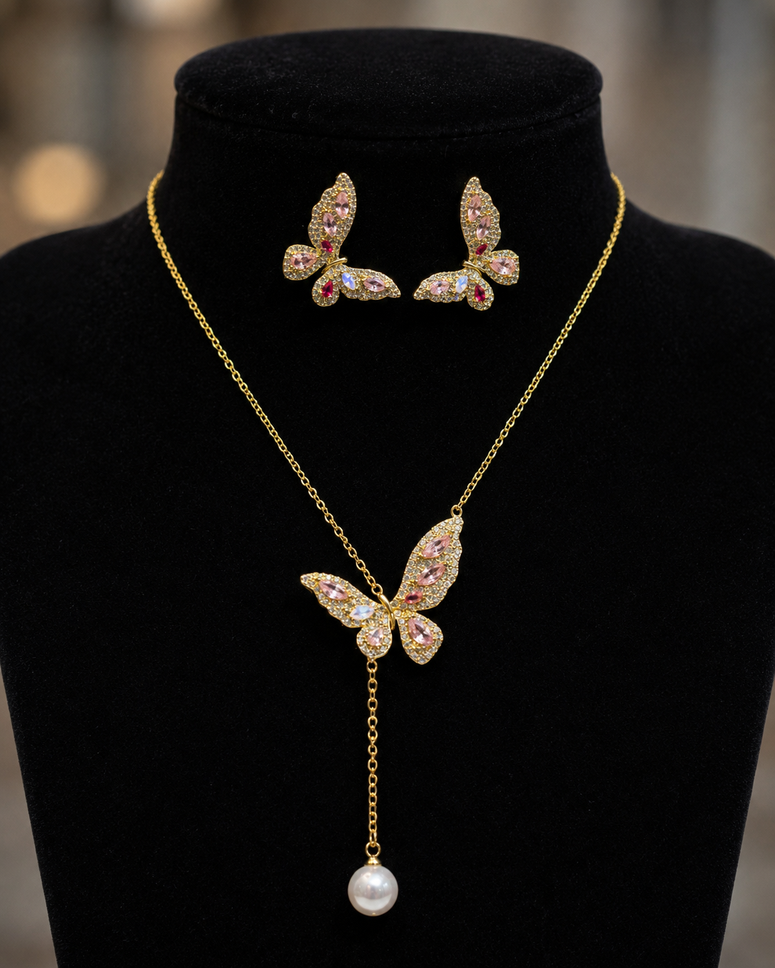 Gold Pinkish Diamond Butterfly Pendant & Earrings Set