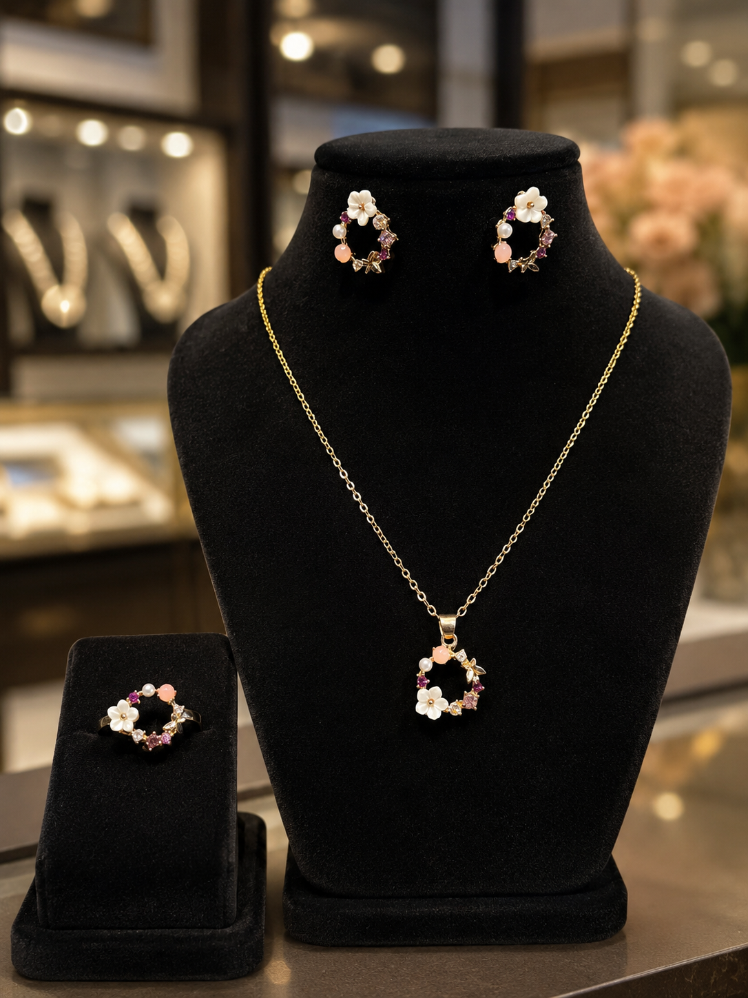 Pink Garden Pendant, Earrings and Adjustable Ring Set