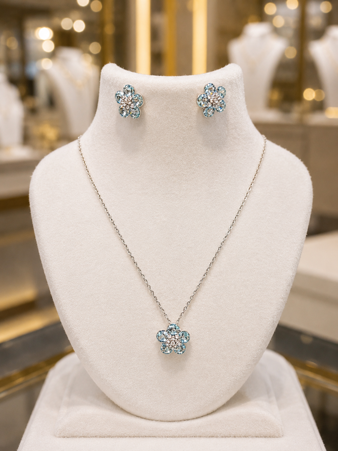 Silver Aqua Blue Pendant & Earrings Set