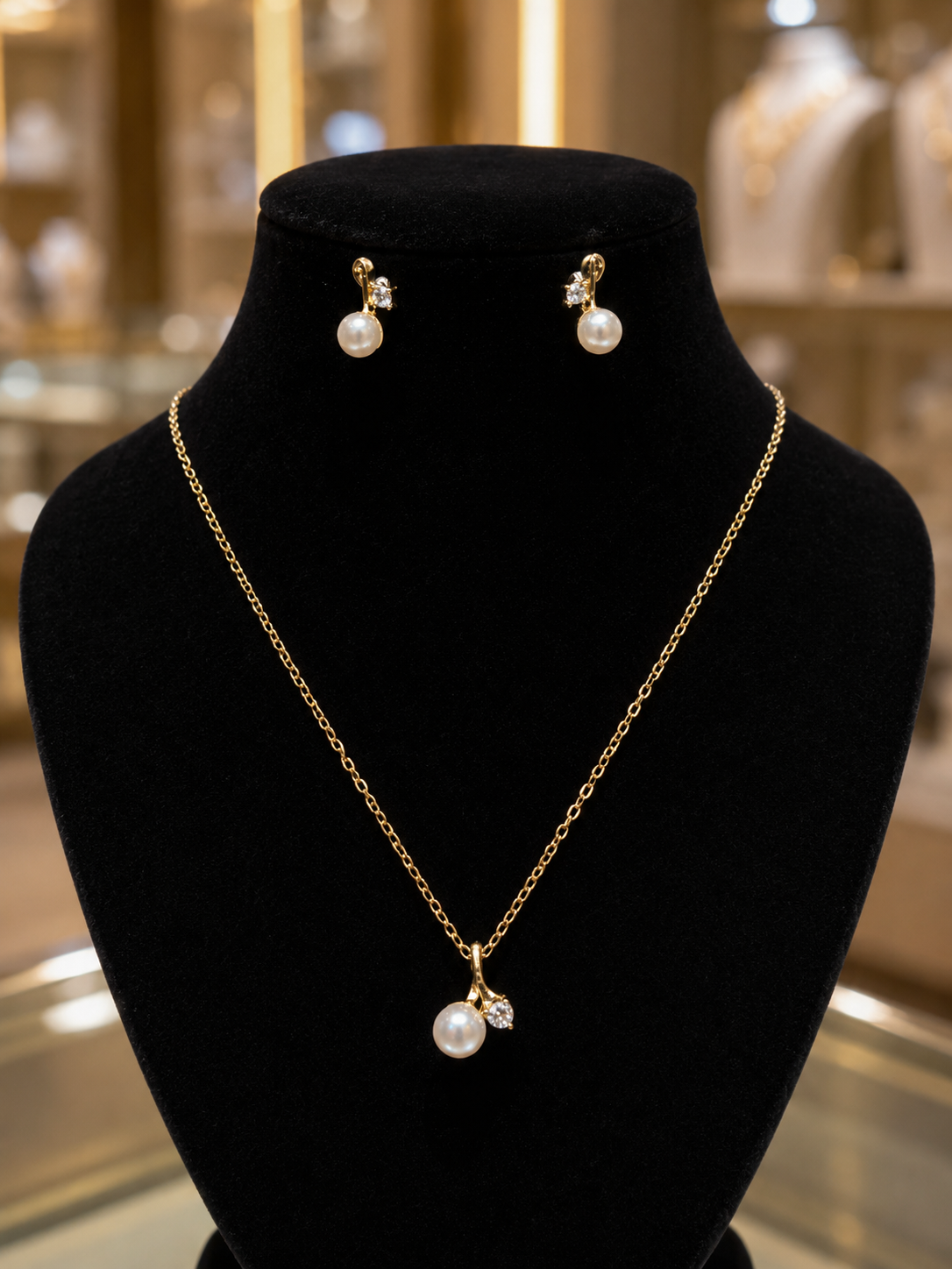 Gold Pearl & Diamond Twisted Pendant & Earrings Set