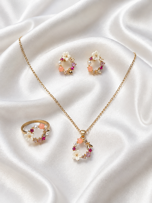 Pink Garden Pendant, Earrings and Adjustable Ring Set