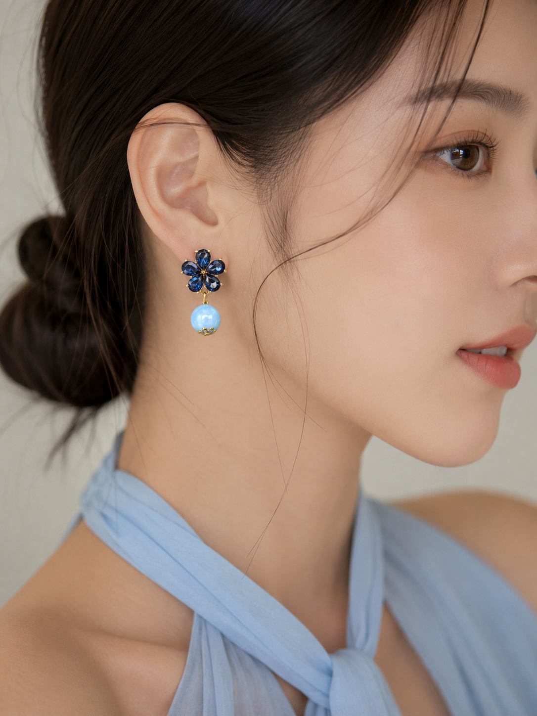 Blue Flower Stone & Pearl Drop Earrings
