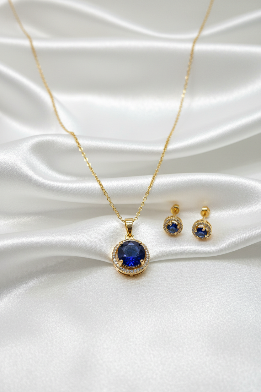 Gold Royal Blue Stone Necklace Set