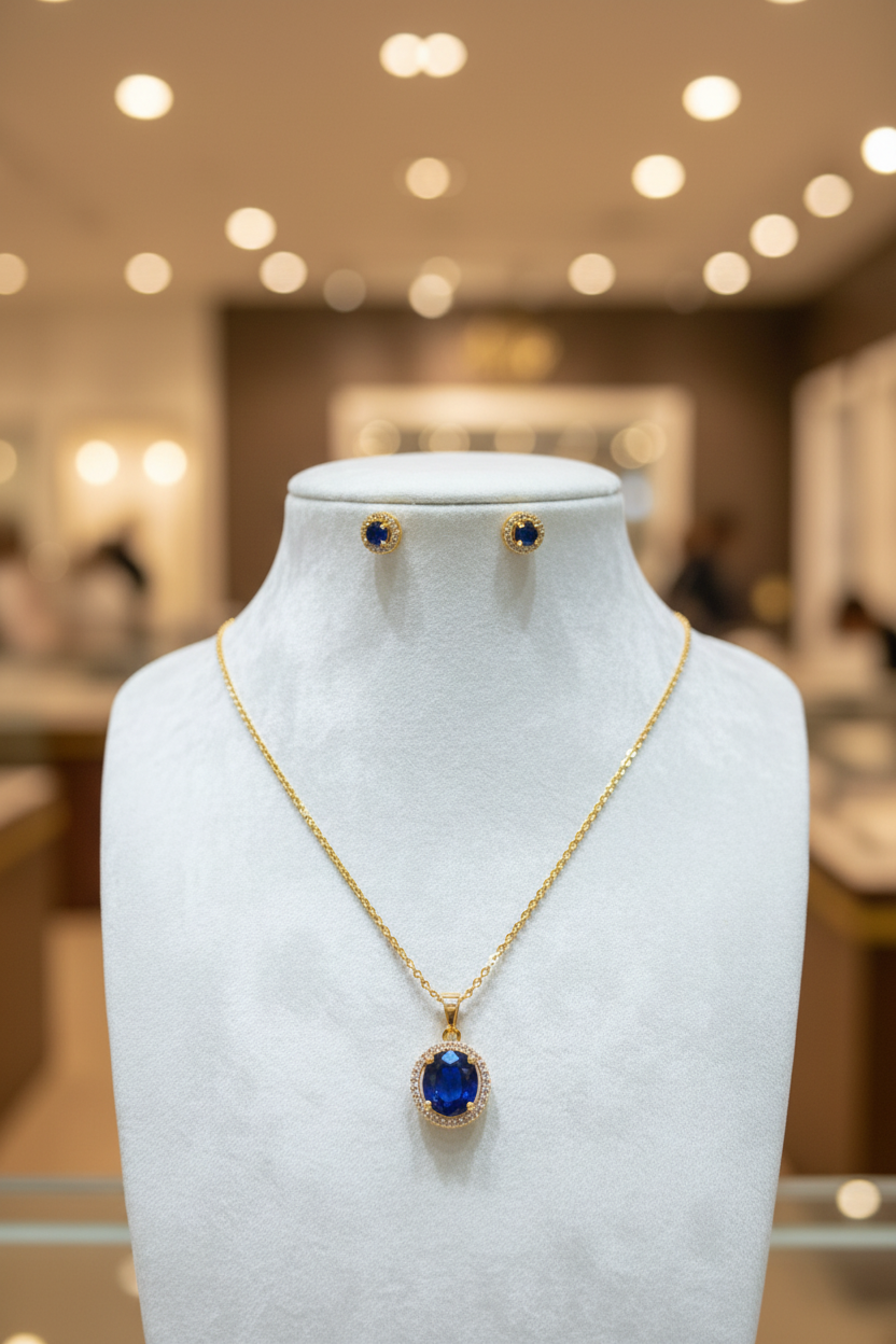 Gold Royal Blue Stone Necklace Set