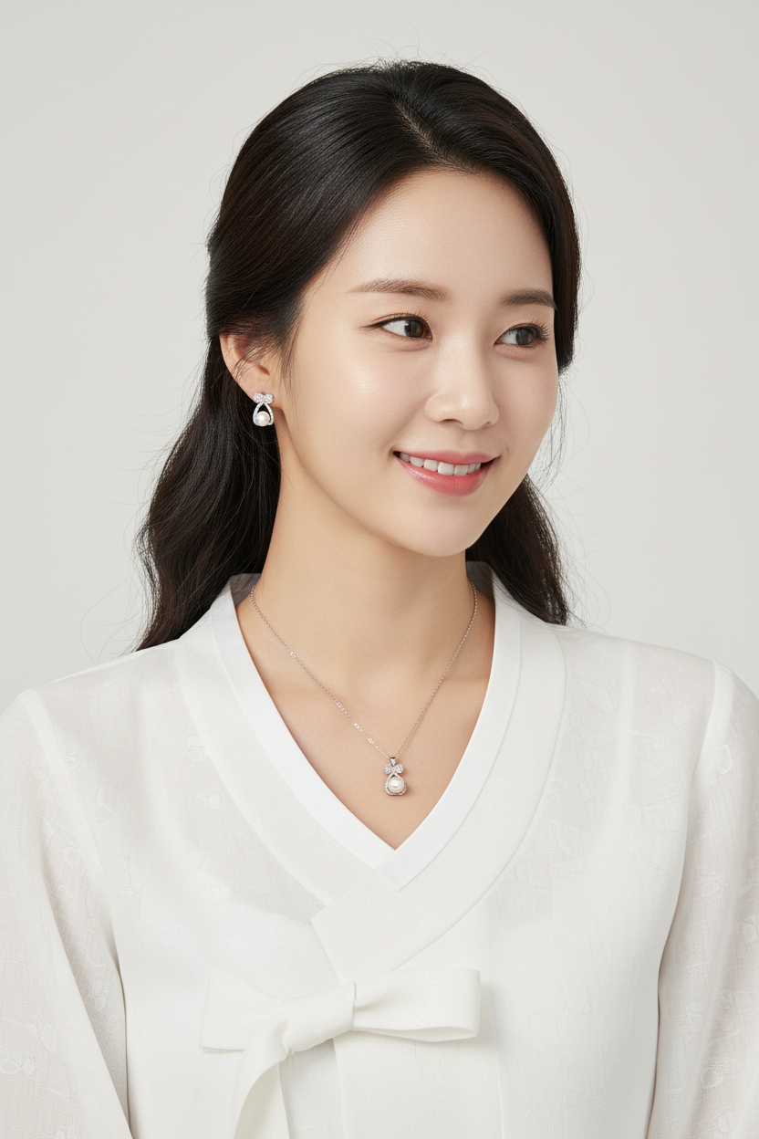 Silver Pearl Bow Necklace Set