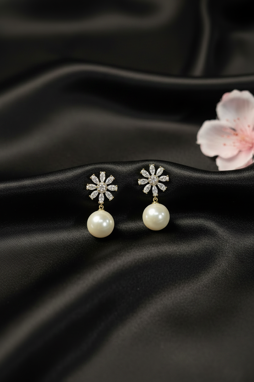 Gold Diamond Floral Pearl Drop Earrings