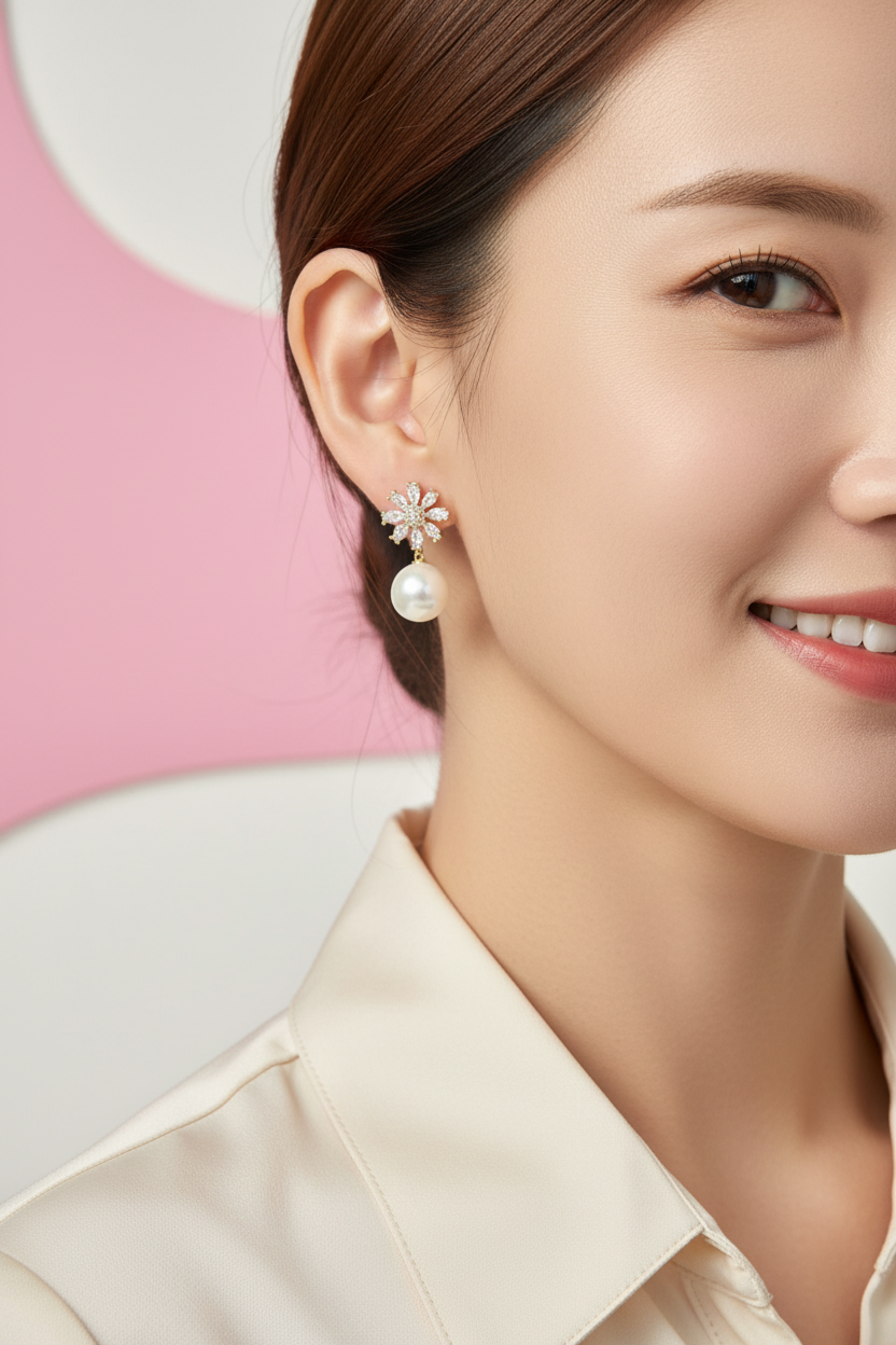 Gold Diamond Floral Pearl Drop Earrings
