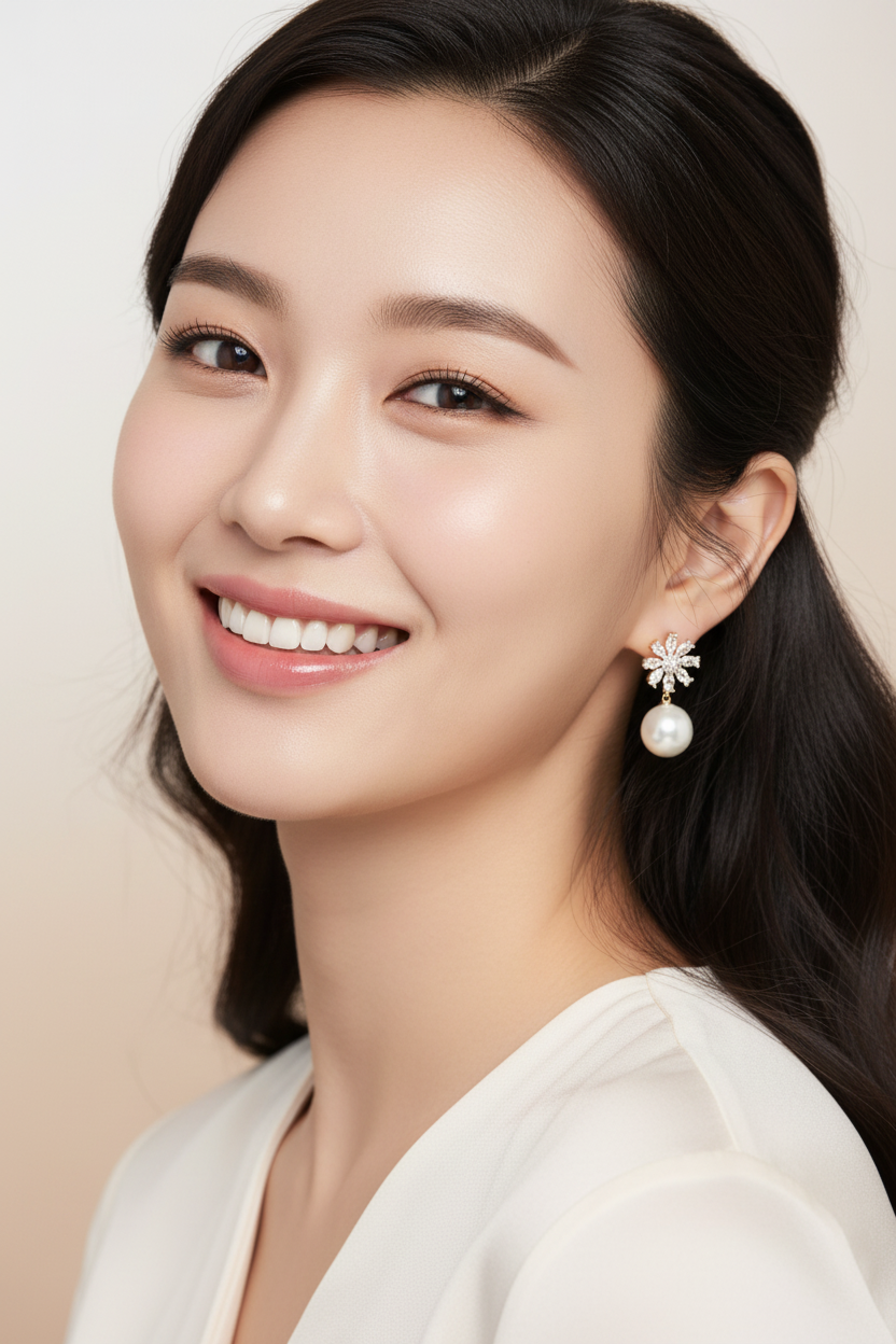 Gold Diamond Floral Pearl Drop Earrings