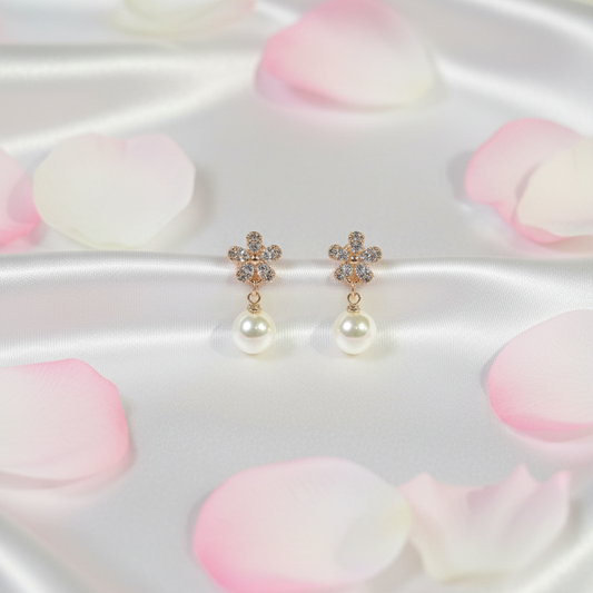 Rose Gold Floral Pearl Drop Earrings