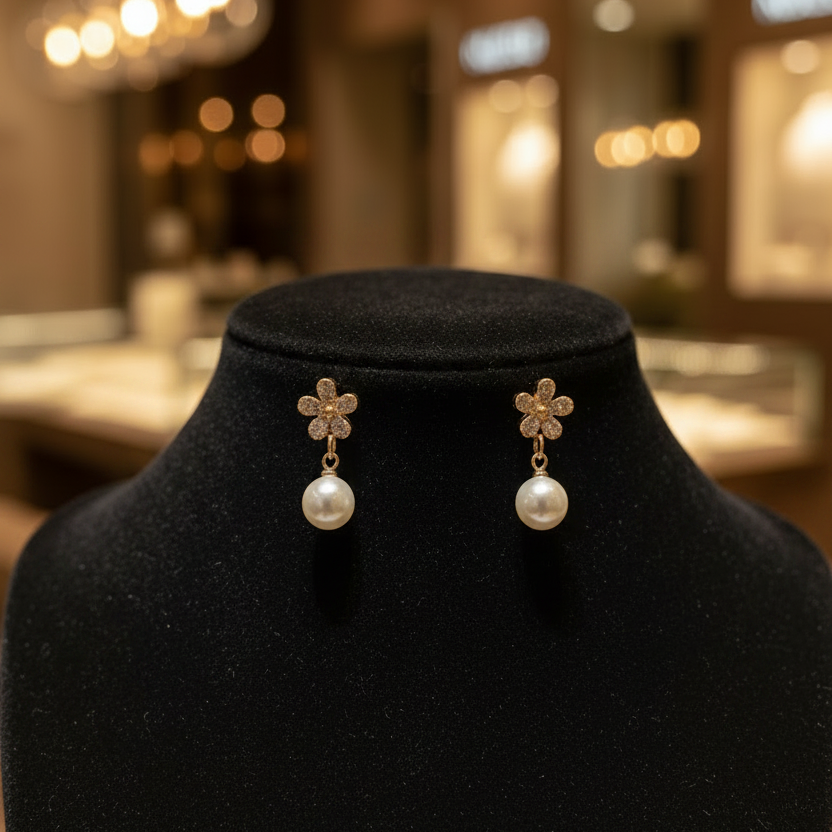 Rose Gold Floral Pearl Drop Earrings