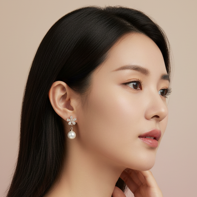 Rose Gold Floral Pearl Drop Earrings