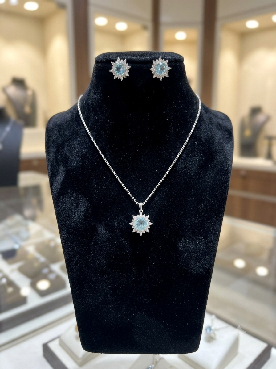 Silver Blue Crystal Starburst Pendant & Stud Earrings Set