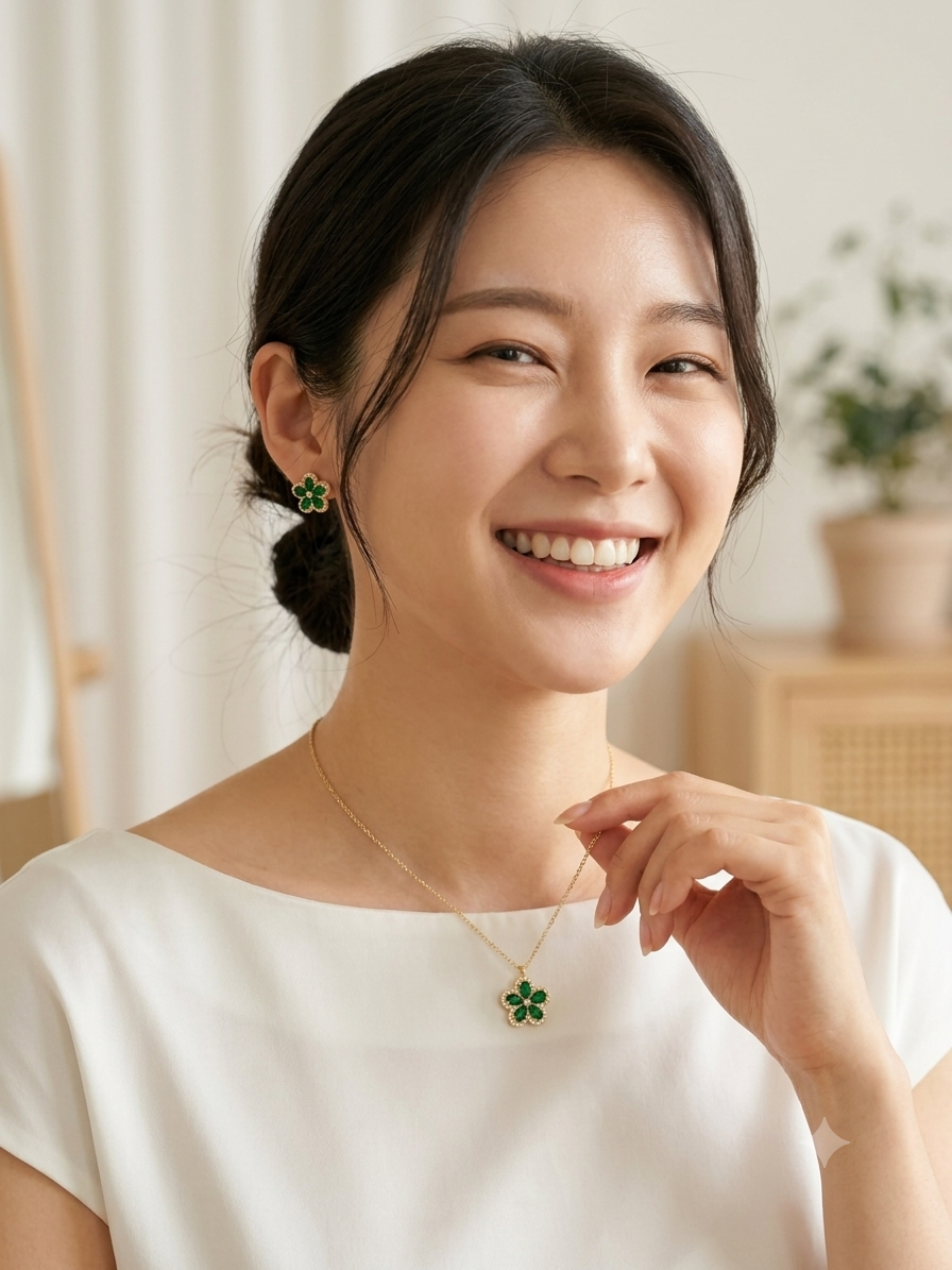 Gold Emerald Green Crystal Floral Pendant & Stud Earrings Set