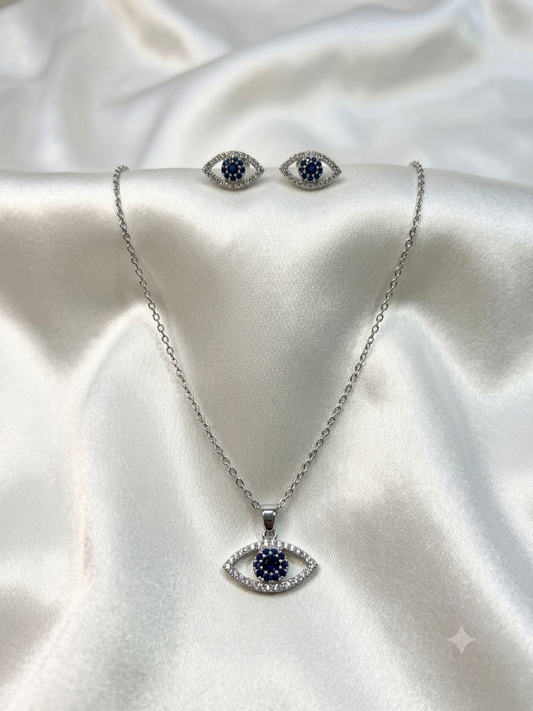 Silver Diamond Evil Eye Necklace Set