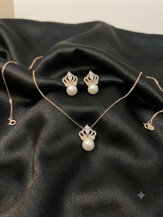 Gold Royal Crown Pearl Pendant & Earring Set