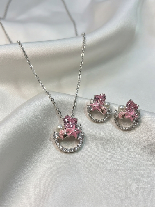 Silver Ocean's Blush Pink Pendant & Earrings Set