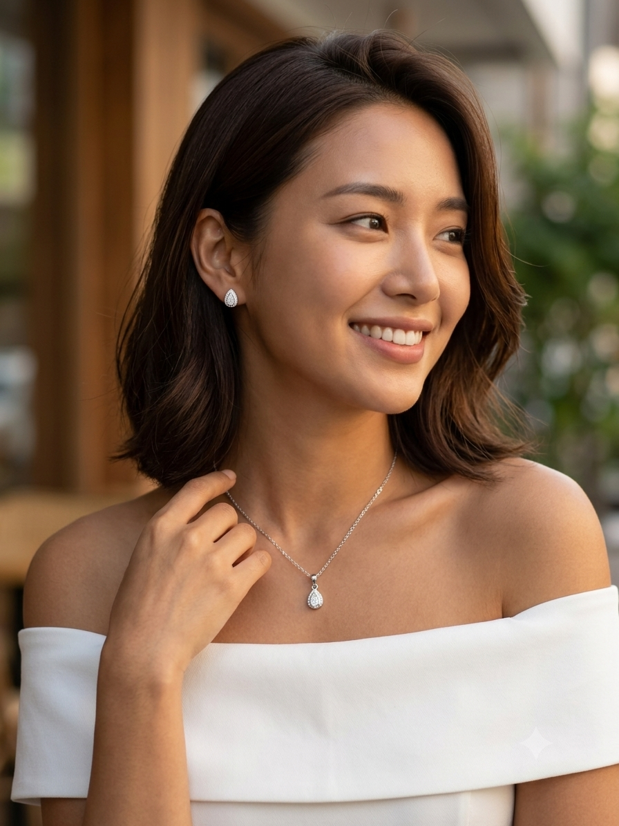 Silver Diamond Pear Leaf Necklace Set