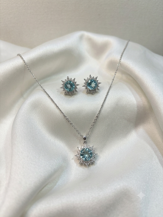 Silver Blue Crystal Starburst Pendant & Stud Earrings Set