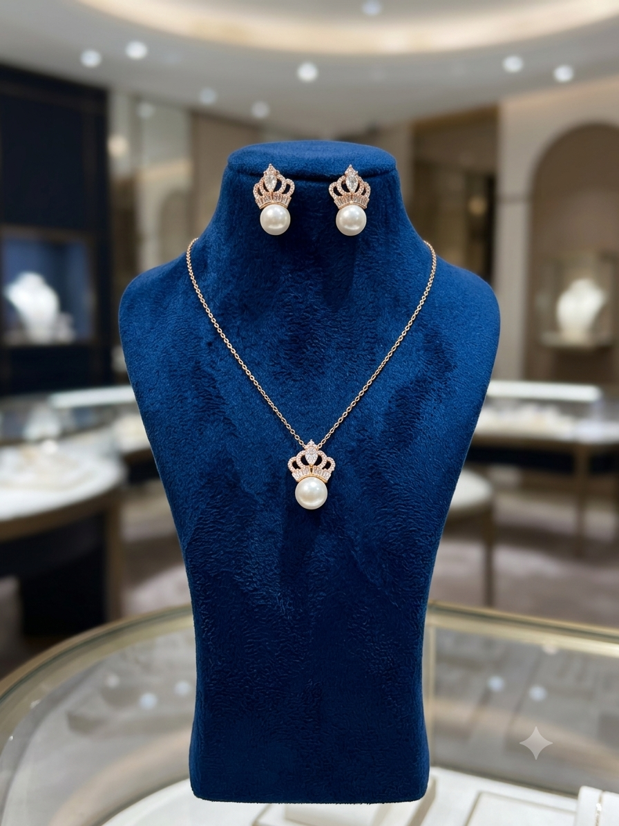 Gold Royal Crown Pearl Pendant & Earring Set